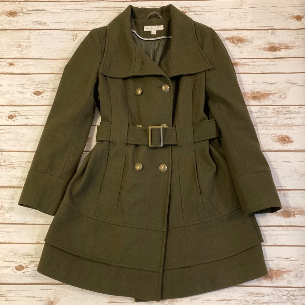 New York & Company Dark Army Green Military Wool Blend Pea Coat Medium